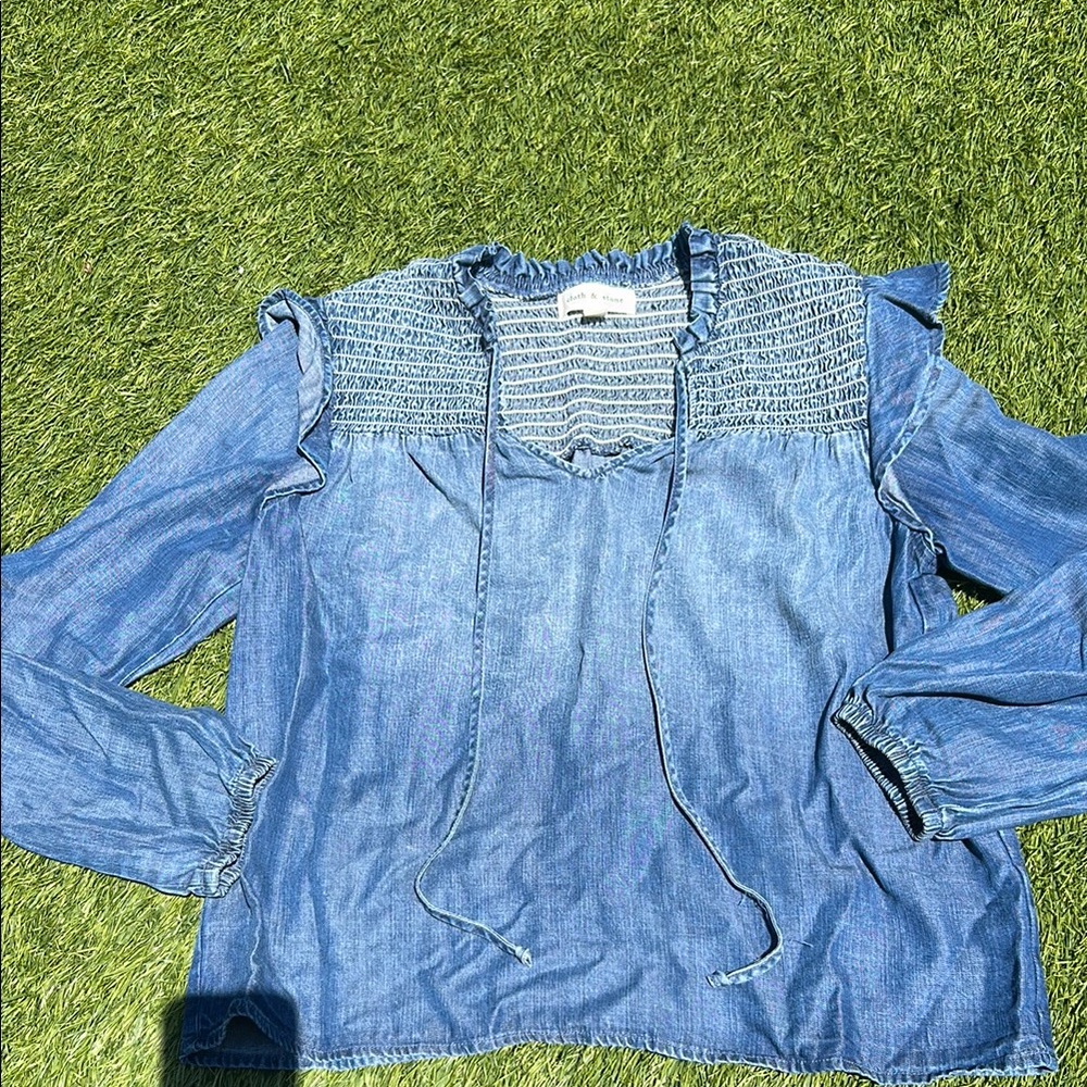 Blue Denim Blouse with Ruffle Details